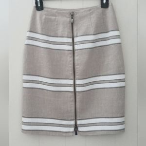 Worth New York Linen Blend Tan White Black Striped Pencil Skirt Front Zip Size 0